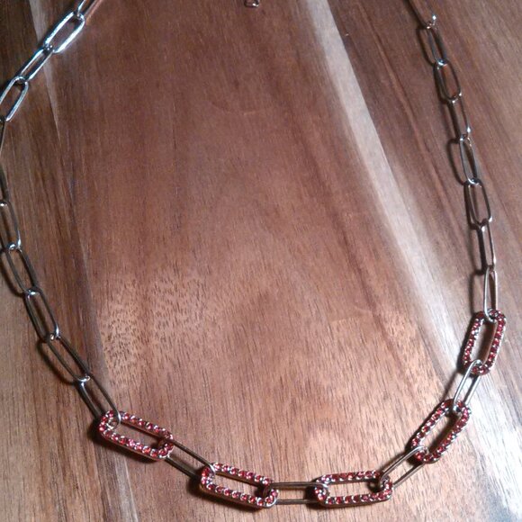 Red Austrian Crystal Paperclip Ion Plated Rose Gold Stainless Steel Necklace - Picture 3 of 10